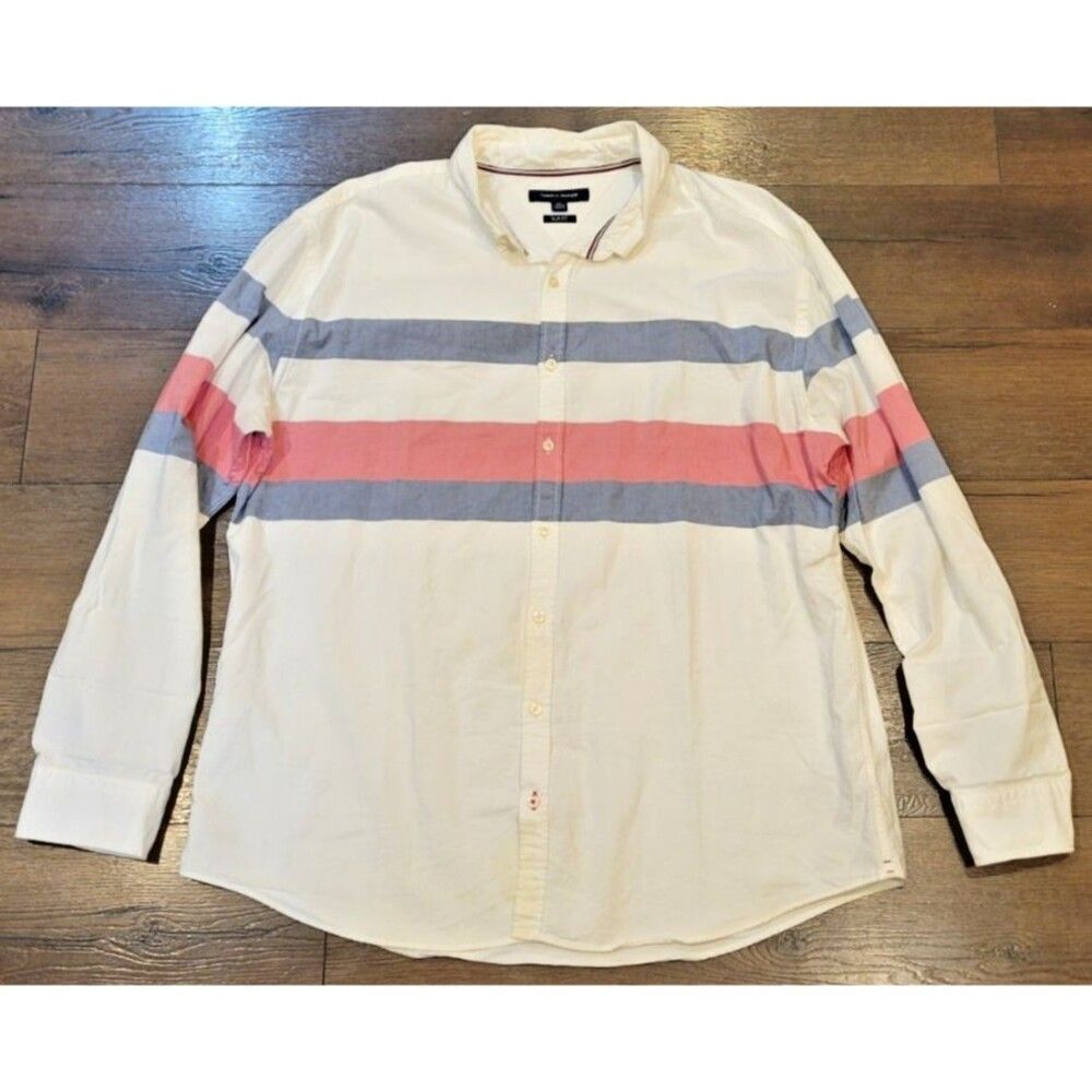 Tommy Hilfiger Mens Shirt XXL Slim Button Down Long Sleeve White Red Blue Stripe